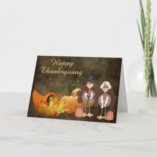 Cartes Pour Fêtes Annuelles Gold Automne mignon Turquie Couple Bon thanksgivin (Devant)