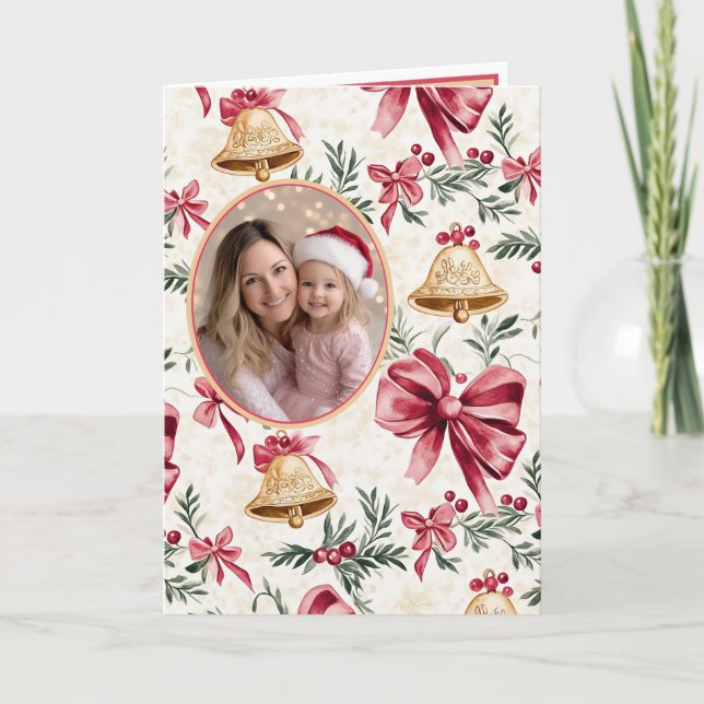 Cartes Pour Fêtes Annuelles Gold Bells Pink Bows Photo Christmas (Devant)