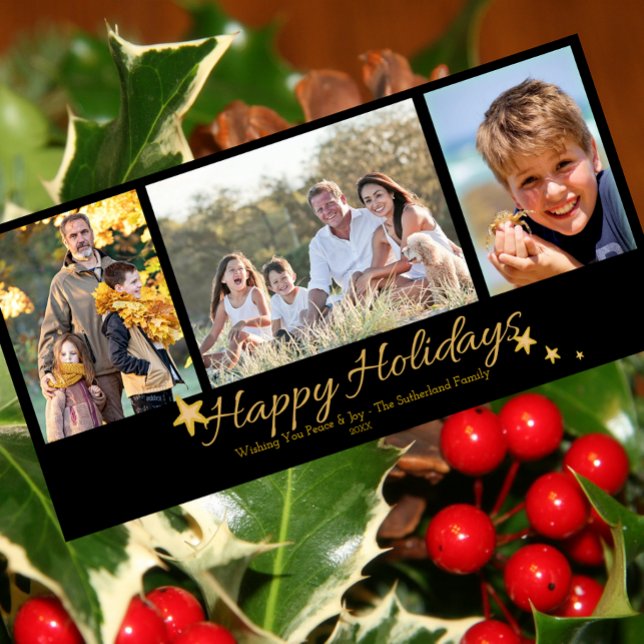 Cartes Pour Fêtes Annuelles Gold & Black Happy Holidays 3 Photo Collage (Créateur téléchargé)