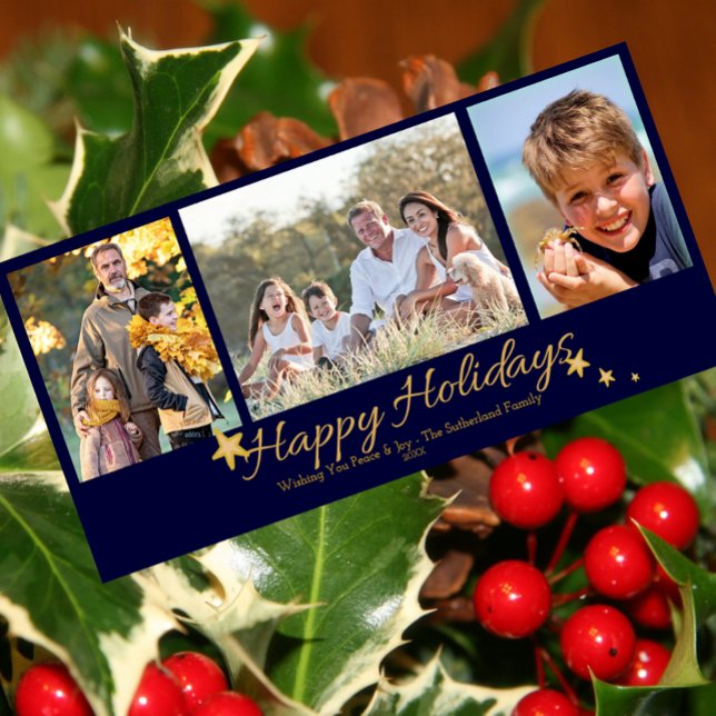 Cartes Pour Fêtes Annuelles Gold & Blue Happy Holidays 3 Photo Collage (Créateur téléchargé)