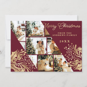 Cartes Pour Fêtes Annuelles Gold Burgundy Joyeux Noël Floral Photo Collage