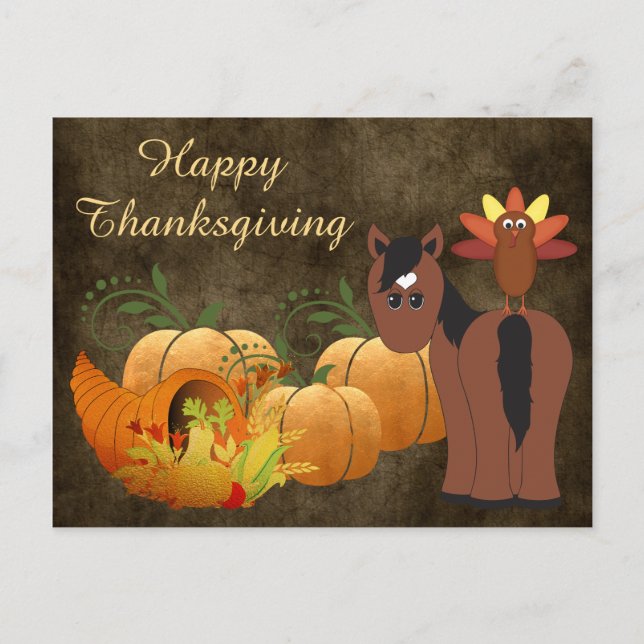 Cartes Pour Fêtes Annuelles Gold Fall Cute Cheval Brown et Turquie Thanksgivin (Devant)