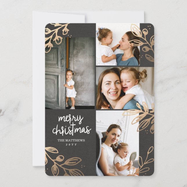 Cartes Pour Fêtes Annuelles Gold Feuilles 4 Photo Holiday Card (Devant)