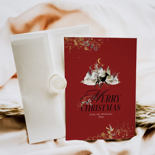 Cartes Pour Fêtes Annuelles Gold Floral Christmas Deer Photo Noël Rouge (Créateur téléchargé)