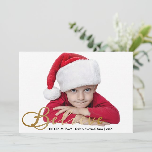 Cartes Pour Fêtes Annuelles Gold Foil-Look Croire photo de Noël (Debout devant)