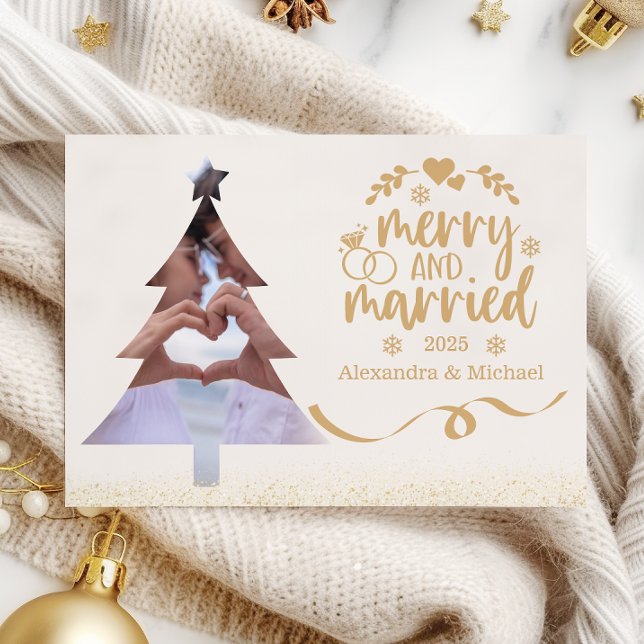 Cartes Pour Fêtes Annuelles Gold Glitter Tree Photo Merry & Married  (Créateur téléchargé)