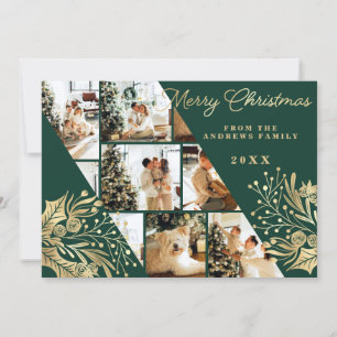 Cartes Pour Fêtes Annuelles Gold Green Joyeux Noël Floral Photo Collage