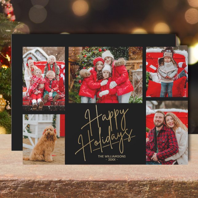 Cartes Pour Fêtes Annuelles Gold Happy Holidays Cinq photos Noir (Gold Happy Holidays five photos on black flat greeting cards)