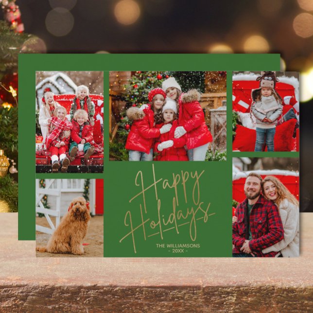 Cartes Pour Fêtes Annuelles Gold Happy Holidays Five Photos Green (Gold Happy Holidays five photos on green flat greeting cards)