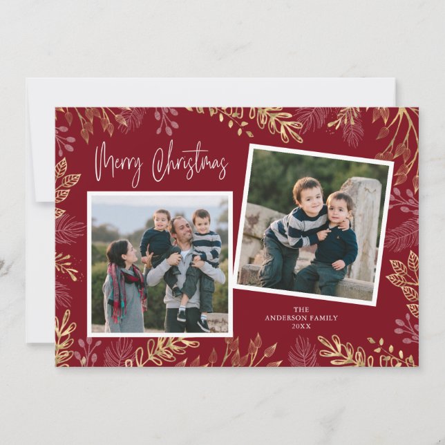 Cartes Pour Fêtes Annuelles Gold Holiday Botanical sur Red 2 Photo Christmas (Devant)