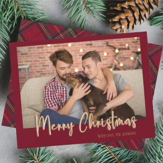 Cartes Pour Fêtes Annuelles Gold Joyeux Noël Bourgogne Plaid Holiday Photo