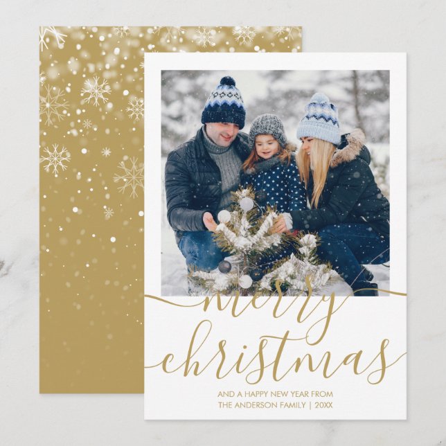 Cartes Pour Fêtes Annuelles Gold Joyeux Noël Script Photo Holiday Card (Devant / Derrière)