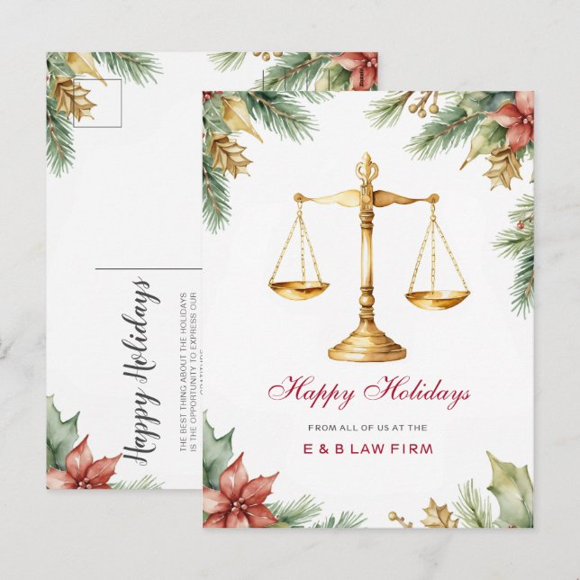 Cartes Pour Fêtes Annuelles Gold Justice Scale Holly Pine Lawyer Christmas (Devant / Derrière)