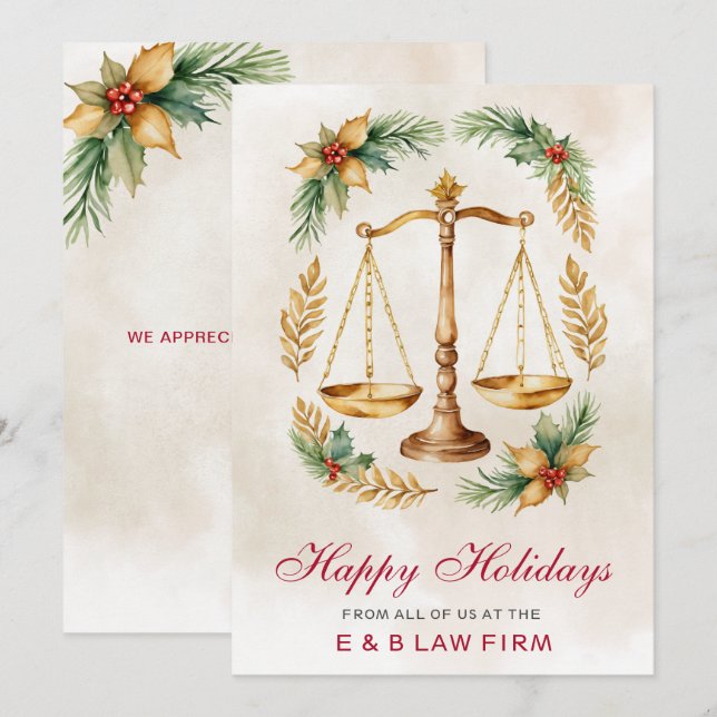 Cartes Pour Fêtes Annuelles Gold Justice Scale Holly Wreath Law Firme Christma (Devant / Derrière)