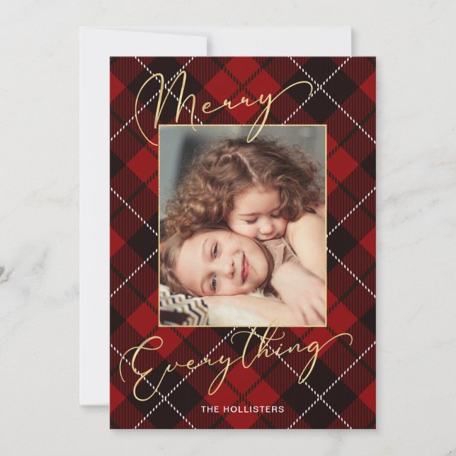 Cartes Pour Fêtes Annuelles Gold Merry Tout Calligraphie Rouge Plaid Photo (Devant)