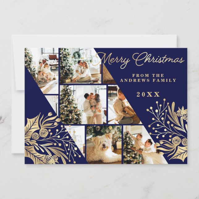 Cartes Pour Fêtes Annuelles Gold Navy Joyeux Noël Floral Photo Collage (Devant)
