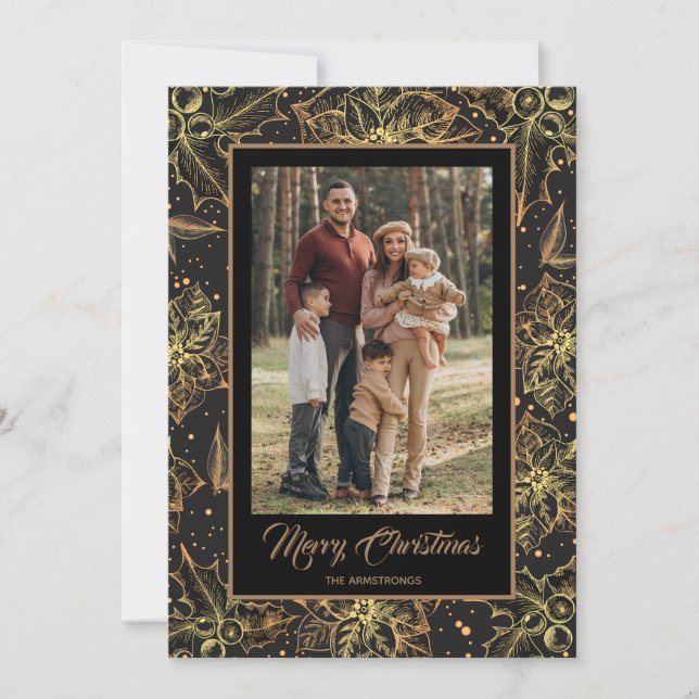 Cartes Pour Fêtes Annuelles Gold Poinsettias Black Christmas Photo (Devant)