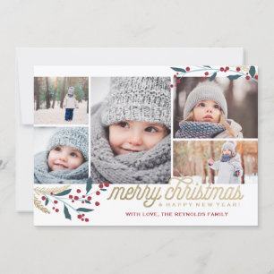 Cartes Pour Fêtes Annuelles Gold Red Berries 5 Photo Collage   Joyeux Noël