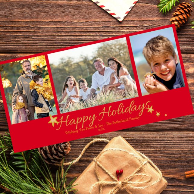 Cartes Pour Fêtes Annuelles Gold & Red Happy Holidays 3 Photo Collage (Créateur téléchargé)