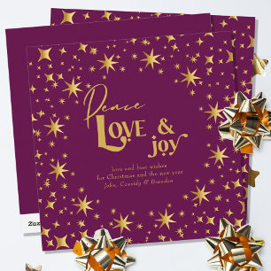 Cartes Pour Fêtes Annuelles Gold Stars Peace Love and Joy Simple Elegant Plum