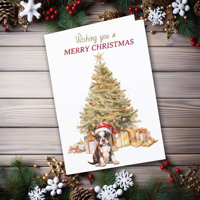 Cartes Pour Fêtes Annuelles Gold Tree Boston Terrier Puppy Christmas Card (Créateur téléchargé)