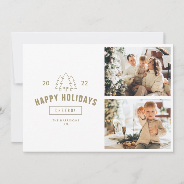 Cartes Pour Fêtes Annuelles Gold Tree Joyeux Vacances Famille Multi Photo (Devant)