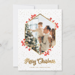 Cartes Pour Fêtes Annuelles Gold Watercolor Red Berries Photo Noël