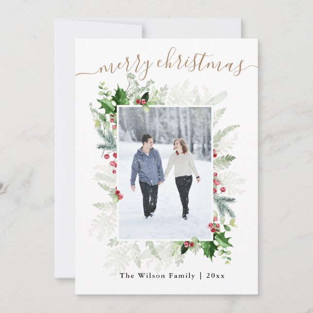 Cartes Pour Fêtes Annuelles Gold White Green Joyeux Noël Photo (Devant)