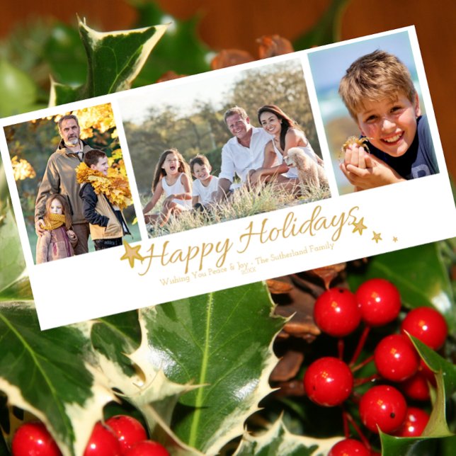 Cartes Pour Fêtes Annuelles Gold & White Happy Holidays 3 Photo Collage (Créateur téléchargé)