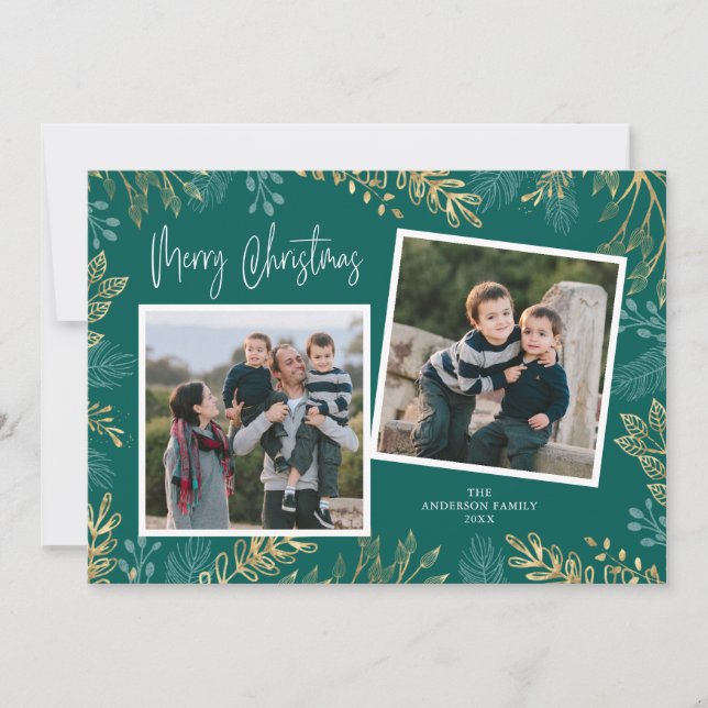 Cartes Pour Fêtes Annuelles Gold Winter Green sur Turquoise 2 Photo Noël (Devant)