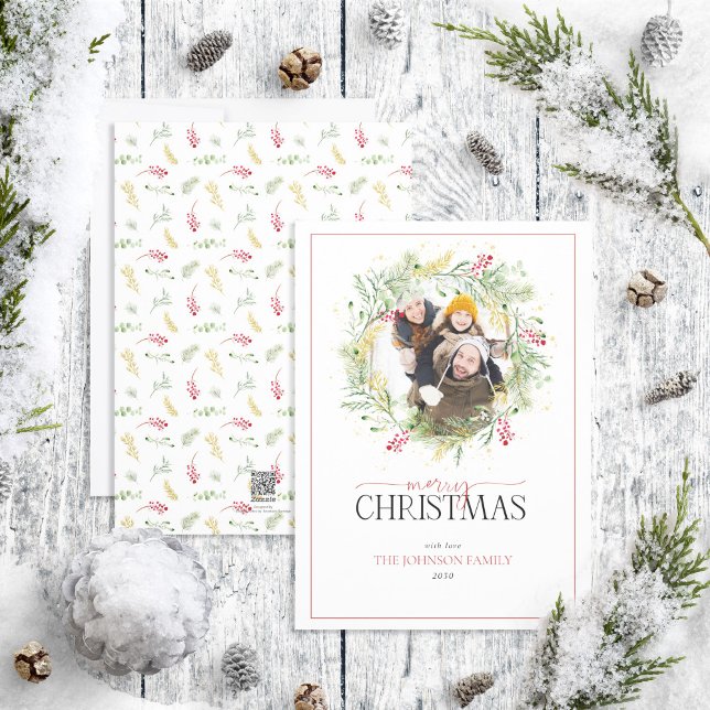 Cartes Pour Fêtes Annuelles Gold Winter Green Wreath Joyeux Noël Photo (Créateur téléchargé)
