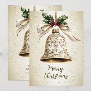 Cartes Pour Fêtes Annuelles Golden Christmas Bell Shiny Stars Green Feuilles