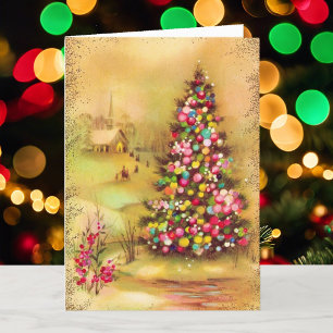 Cartes Pour Fêtes Annuelles Golden Christmas Vintage Scene Joyeux et lumineux
