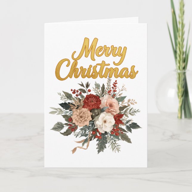 Cartes Pour Fêtes Annuelles Golden Floral Merry Christmas Bouquet (Devant)