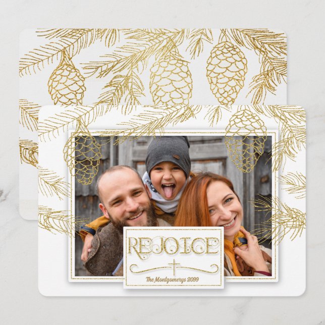 Cartes Pour Fêtes Annuelles Golden Pines Rejoice Christian Cross Photo (Devant / Derrière)