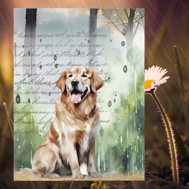 Cartes Pour Fêtes Annuelles Golden Retriever dans la pluie de printemps Aquare (Créateur téléchargé)