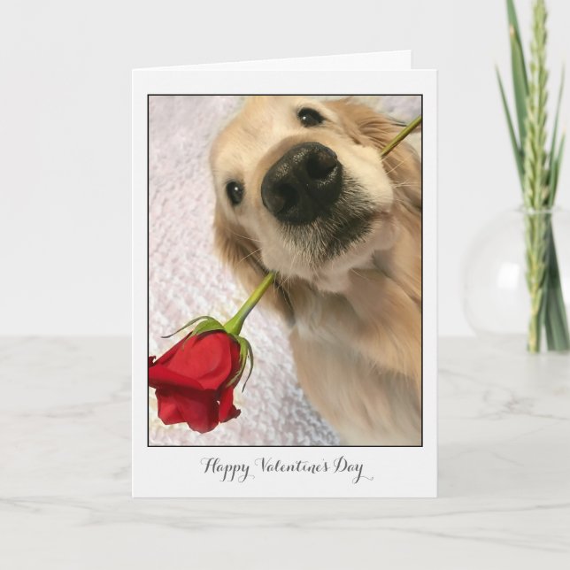 Cartes Pour Fêtes Annuelles Golden Retriever Dog with Red Rose Valentine's Day (Devant)