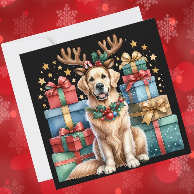 Cartes Pour Fêtes Annuelles Golden Retriever Noël Reindeer Antlers Cadeaux (Créateur téléchargé)