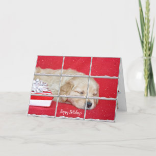 Cartes Pour Fêtes Annuelles Golden Retriever Pup dans la fenêtre enneigée