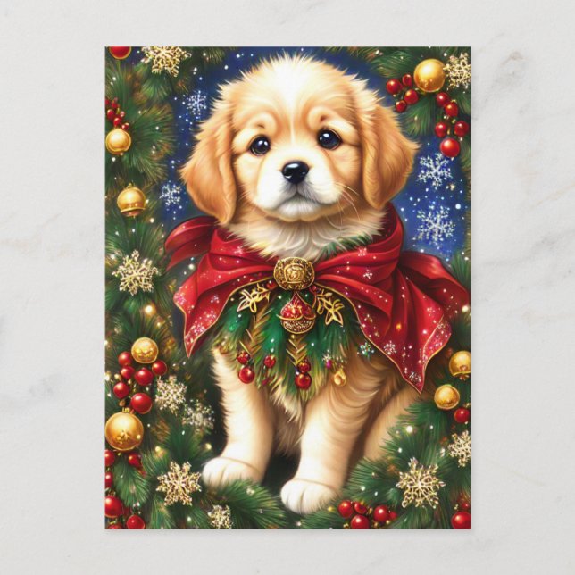 Cartes Pour Fêtes Annuelles Golden Retriever Puppy Christmas Tree Snowflakes (Devant)