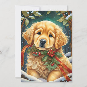 Cartes Pour Fêtes Annuelles Golden Retriever Puppy Festive Holly