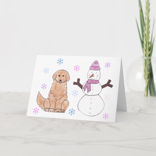 Cartes Pour Fêtes Annuelles Golden Retriever & Snowman (Devant)