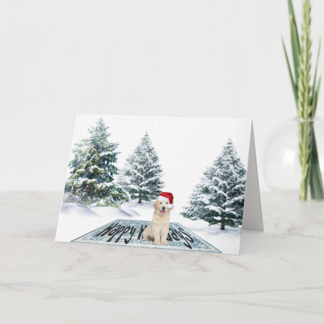 Cartes Pour Fêtes Annuelles Golden Retriever sur le tapis de Noël (Devant)