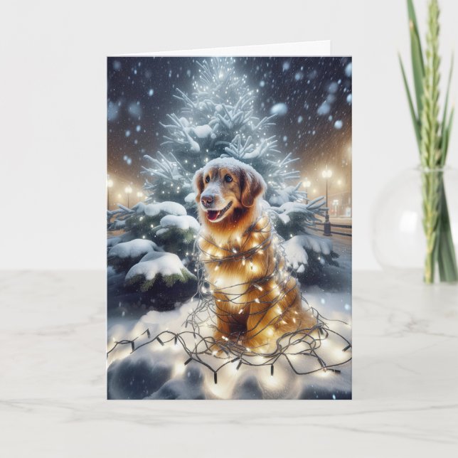 Cartes Pour Fêtes Annuelles Golden Retriever Tangé Dans Les Lumières De Noël (Devant)