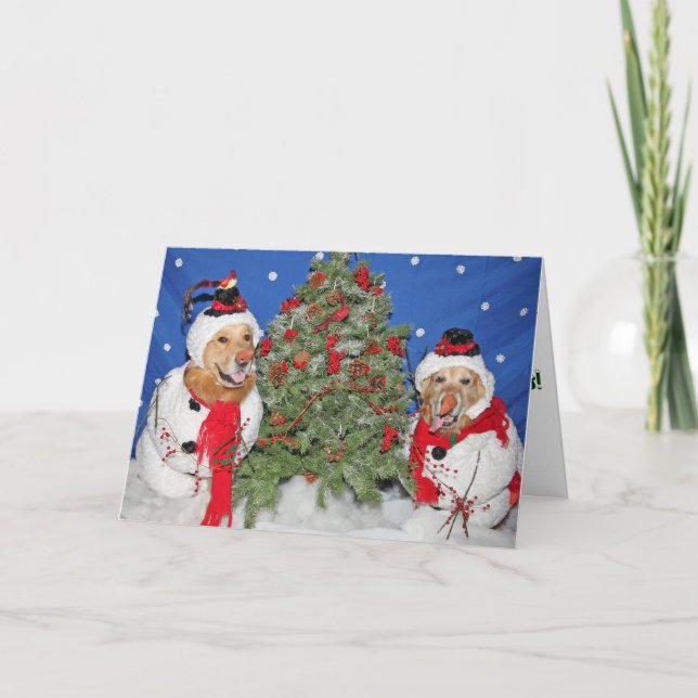 Cartes Pour Fêtes Annuelles Golden Retrivers en Noël des Snowmen (Devant)
