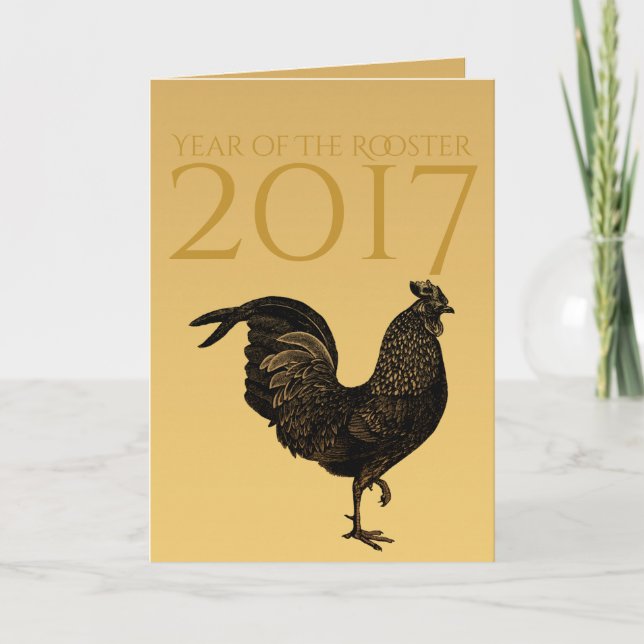 Cartes Pour Fêtes Annuelles Golden Rustic Rooster Année 2017 Monogramme à l'in (Devant)