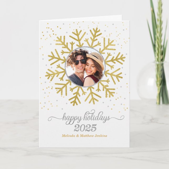 Cartes Pour Fêtes Annuelles Golden Snowflake sur blanc avec photo Noël (Devant)