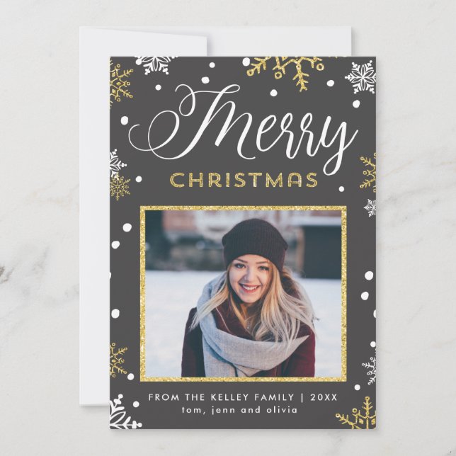 Cartes Pour Fêtes Annuelles Golden Snowflakes Joyeux Noël Photos sur le dos, (Devant)