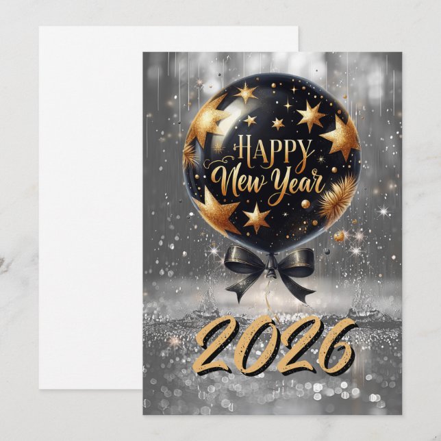 Cartes Pour Fêtes Annuelles Golden Sparkle New Year Balloon with 2026 Glow (Devant / Derrière)