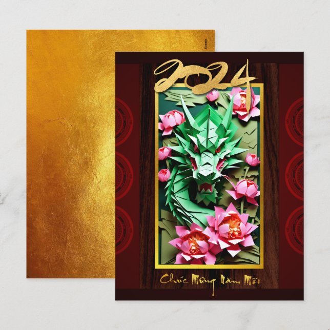 Cartes Pour Fêtes Annuelles Golden Vietnamese Wood Dragon Nouvel An 2024 HPost (Devant / Derrière)
